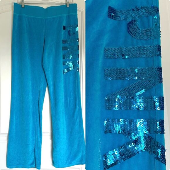 Y2K PINK VS Large Blue Velour Flare Blue Bling Track Sweatpants Plush 2000’s VTG - Picture 1 of 11